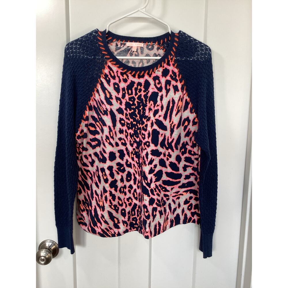 Lisa Todd pink and navy lepord print‎ knit sweater womens size large